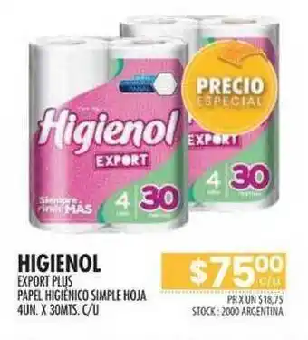 Pigmento Higienol Export Plus Papel Higiénico Simple Hoja 4un x 30mts oferta