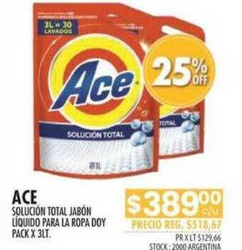 Pigmento Ace Solución Total Jabón Líquido Para La Ropa Doy Pack x 3lt oferta