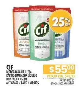Pigmento Cif Biodegradable Ultra Rápido Limpiador Liquido Doy Pack x 450ml oferta