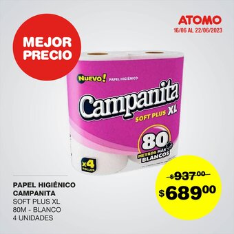 Atomo Conviene PAPEL HIGIÉNICO CAMPANITA SOFT PLUS XL 80M - BLANCO 4 UNIDADES oferta