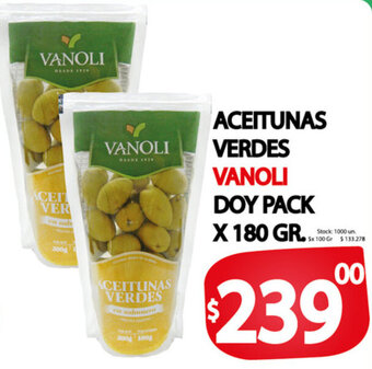 ACEITUNAS VERDES VANOLI DOY PACK X 180 GR.