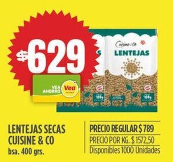Supermercados Vea LENTEJAS SECAS CUISINE & CO bsa. 400 grs. oferta