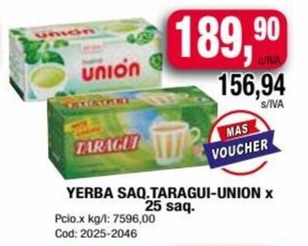 Maxiconsumo YERBA SAQ. TARAGUI-UNION x 25 saq. oferta