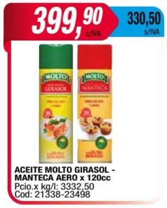 Maxiconsumo ACEITE MOLTO GIRASOL - MANTECA AERO x 120cc oferta