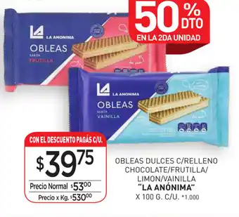 La Anonima La Anónima Obleas Dulces C/relleno Chocolate/Frutilla/Limon/Vainilla x 100g oferta