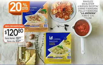 La Anonima La Anónima Ravioles En Blister 4 Quesos/Ricotta/Carne Y Verdura/Pollo YVerdura x 500g oferta
