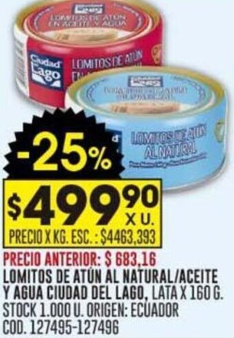 Coto LOMITOS DE ATÚN AL NATURAL/ACEITE Y AGUA CIUDAD DEL LAGO, LATA X 160 G. STOCK 1.000 U. ORIGEN: ECUADOR COD. 127495-127496 oferta