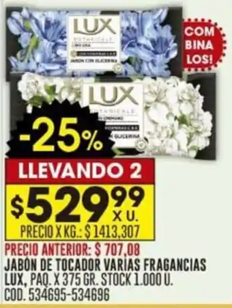 Coto JABON DE TOCADOR VARÍAS FRAGANCIAS LUX, PAQ. X 375 GR. STOCK 1.000 U. COD. 534695-534696 oferta