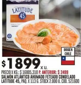 Coto SALMON ATLÁNTICO AHUMADO FETEADO CONGELADO LATITUDE 45, PAQ. X 113 6. STOCK 2.000 U. COD.521600 oferta