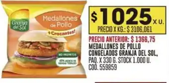 Coto MEDALLONES DE POLLO CONGELADOS GRANJA DEL SOL, PAQ. X 330 G. STOCK 1.000 U. COD.559859 oferta