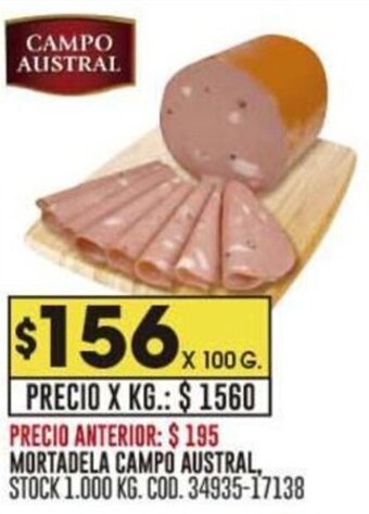 Coto MORTADELA CAMPO AUSTRAL, STOCK 1.000 KG. COD. 34935-17138 oferta