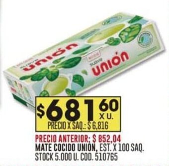 Coto MATE COCIDO UNIÓN, EST. X 100 SAQ. STOCK 5.000 U. COD. 510765 oferta