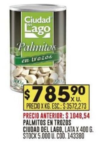 Coto PALMITOS EN TROZOS CIUDAD DEL LAGO, LATA X 400 G. STOCK 5.000 U. COD. 143380 oferta