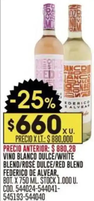 Coto VINO LANCO DULCÉ/WHITE BLEND/ROSE DULCE/RED BLEND FEDERICO DE ALVEAR, BOT. X 750 ML STOCK 1.000 U. COD. 544024-544041- oferta