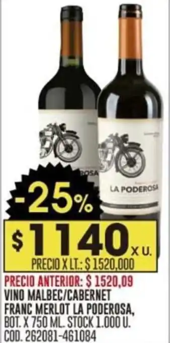 Coto VINO MALBEC/CABERNET FRANC MERLOT LA PODEROSA, BOT. X 750 ML. STOCK 1.000 U. COD. 262081-461084 oferta