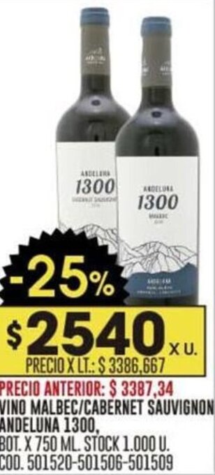 Coto VINO MALBEC/CABERNET SAUVIGNON ANDELUNA 1300, BOT X 750ML oferta