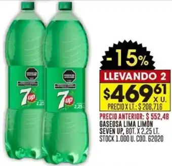 Coto GASEOSA LIMA LIMON SEVEN UP, BOT. X2,25 LT. STOCK 1.000 U. COD. 62020 oferta