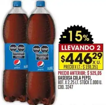 Coto GASEOSA COLA PEPSI, BOT. X 2,25 LT. STOCK 1.000 U. COD.3247 oferta