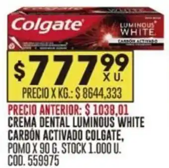 Coto CREMA DENTAL LUMINOUS WHITE CARBON ACTIVADO COLGATE, DE DESCUENTO POMO X 90 G. STOCK 1.000 U. oferta