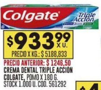 Coto CREMA DENTAL TRIPLE ACCIÓN COLGATE, POMO X 180 G. STOCK 1.000 U. COD. 561292 oferta