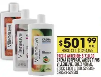 Coto CREMA CORPORAL VARIOS TIPOS VILLENEUVE, BOT. X 400 ML STOCK 1.000 U. COD.526580-526589-526581 oferta