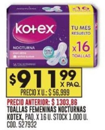 Coto TOALLAS FEMENINAS NOCTURNAS KOTEX, PAQ. X 16 U. STOCK 1.000 U. COD.527932 oferta