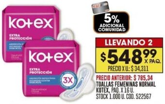 Coto TOALLAS FEMENINAS NORMAL KOTEX, PAQ. X 16 U. STOCK 1.000 U. COD. 522567 oferta