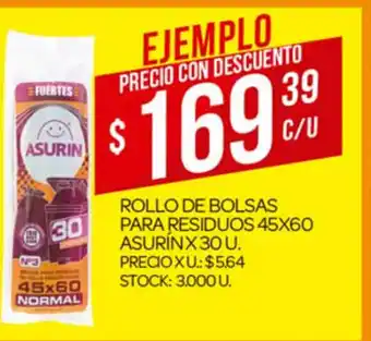 Supermercados DIA Asurín Rollo De Bolsas Para Residuos 45 x 60 x 30 u oferta