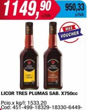 Maxiconsumo LICOR TRES PLUMAS SAB. X750cc oferta