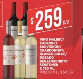 Supermercados DIA Vino Malbec/Cabernet Sauvignon/ Chardonnay/Blanco Dulce/Rosado Benjamin Nieto Senetiner x 750ml oferta