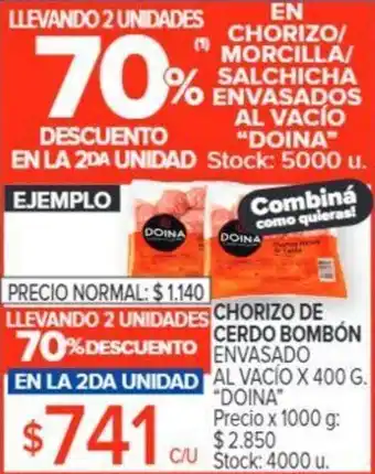 Carrefour CHORIZO DE CERDO BOMBÓN ENVASADO AL VACÍO X 400 G. "DOINA" oferta