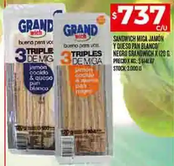 Supermercados DIA SANDWICH MIGA JAMON Y QUESO PAN BLANCO NEGRO GRANDWICH X 120G oferta