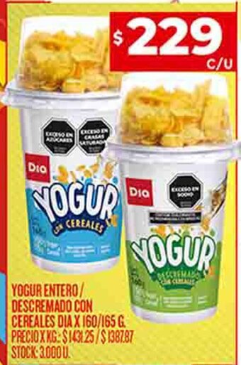 Supermercados DIA YOGUR ENTERO/ DESCREMADO CON CEREALES DIA X 160/165 G oferta