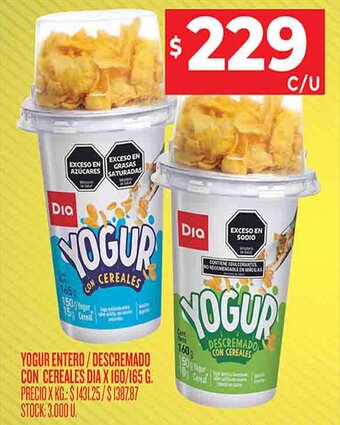 Supermercados DIA YOGUR ENTERO/DESCREMADO CON CEREALES DIA X 160/165 G. oferta