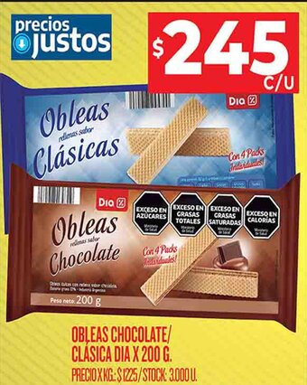 Supermercados DIA OBLEAS CHOCOLATE/ CLÁSICA DIA X 200 G. oferta