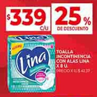 Supermercados DIA TOALLA INCONTINENCIA CON ALAS LINA X 8U. oferta