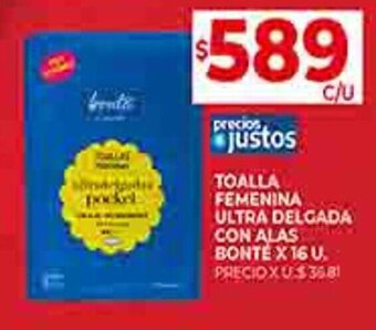 Supermercados DIA TOALLA FEMENINA ULTRA DELGADA CON ALAS BONTE X 16 U. oferta