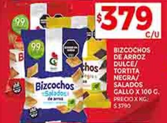 Supermercados DIA BIZCOCHOS DE ARROZ DULCE/ TORTITA NEGRA/ SALADOS GALLO X 100 G. oferta
