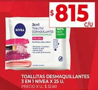 Supermercados DIA TOALLITAS DESMAQUILLANTES 3 EN 1 NIVEA X 25 U. oferta