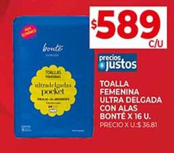 Supermercados DIA TOALLA FEMENINA ULTRA DELGADA CON ALAS BONTÉ X 16 U. oferta