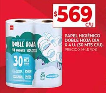 Supermercados DIA PAPEL HIGIÉNICO DOBLE HOJA DIA X 4 U. (30 MTS C/U) oferta