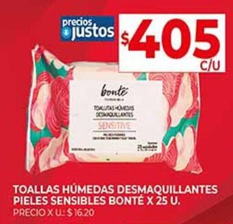 Supermercados DIA TOALLAS HÚMEDAS DESMAQUILLANTES PIELES SENSIBLES BONTÉ X 25 U. oferta