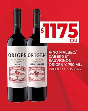 Supermercados DIA VINO MALBEC/ ORIGEN ORIGEN CABERNET SAUVIGNON ORIGEN X 750 ML. oferta