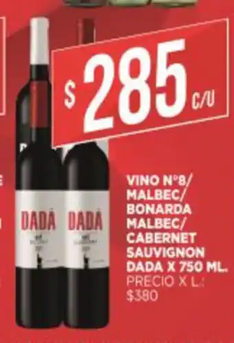 Supermercados DIA Dada Vino N°8/ Malbec/Bonarda Malbec/Cabernet Sauvignon x 750ml oferta