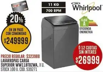 Coto LAVARROPAS CARGA SUPERIOR WW11BTBZWA, XU. STOCK 100 U. COD. 539271 oferta