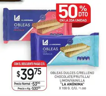 La Anonima Obleas Dulces C Relleno Chocolate Frutilla Limon Vainilla x 100 g