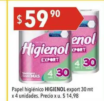 Hergo Papel Higiénico Higienol Export 30 Mt X 4 Unidades oferta