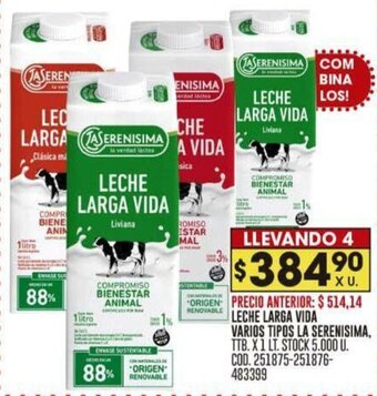Coto LECHE LARGA VIDA VARIOS TIPOS LA SERENISIMA, TTB X 1LT oferta