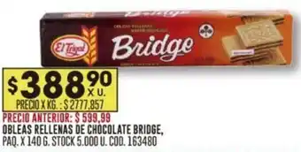 Coto OBLEAS RELLENAS DE CHOCOLATE BRIDGE, PAQ. X 140 G. STOCK 5.000 U. COD. 163480 oferta