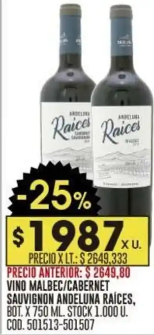Coto VINO MALBEC/CABERNET SAUVIGNON ANDELUNA RAÍCES, BOT. X 750 ML. STOCK 1.000 U. COD.501513-501507 oferta